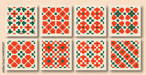 Set of trendy Christmas square posters. Geometric minimalist Winter Holidays art templates. cross stitch  / Zellige Inspired. Good for social media posts and prints.