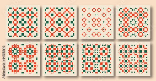 Set of trendy Christmas square posters. Geometric minimalist Winter Holidays art templates. cross stitch / Zellige Inspired. Good for social media posts and prints.