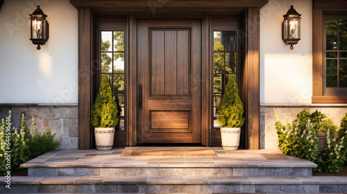 Entrances boasting glossy white doors with wooden surrounds