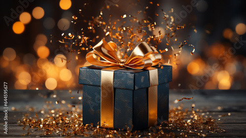 golden gift box with red ribbon on a festive bokeh background © S...