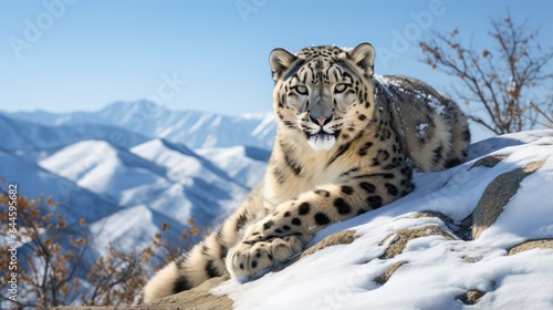 A breathtaking shot of a Snow Leopard his natural habitat, showcasing his majestic beauty and strength.