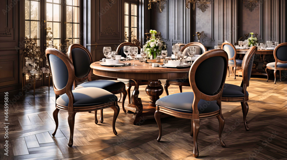 Wooden dining chairs set around glossy marble tables