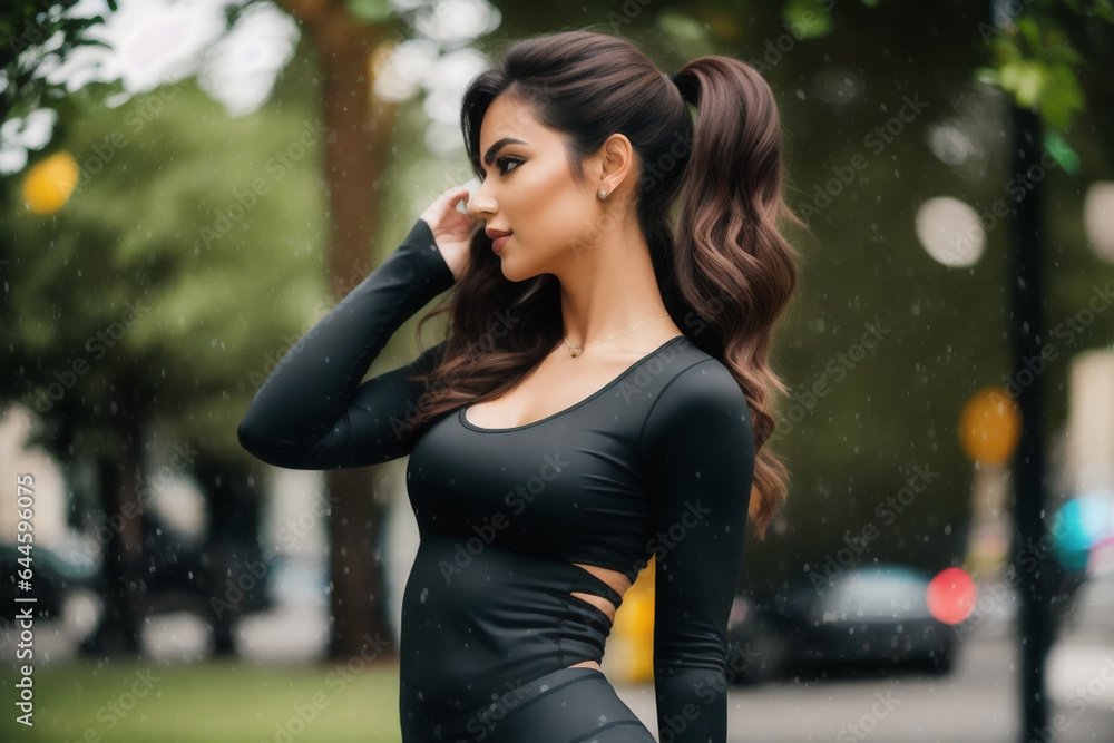 beautiful young woman in sports clothes is standing on the roof of the city beautiful young woman in sports clothes is standing on the roof of the city