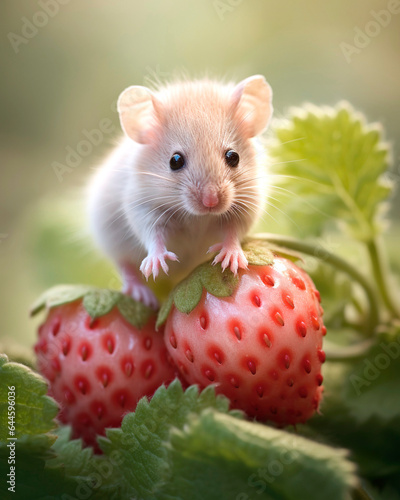 A cute little hamster sits on a strawberry.