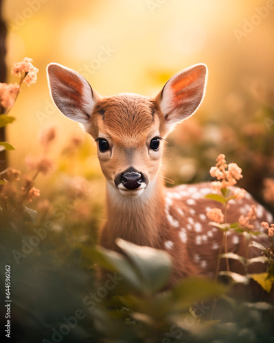 Young baby deer in the grass at sunset. Beautiful animal portrait. © Lana