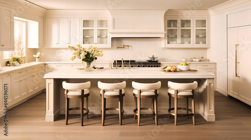 Wooden bar stools contrasted against a high-gloss white kitchen island,