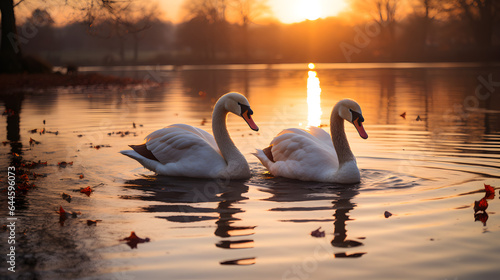 Two swans swimming together in the river