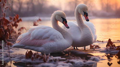 Fototapeta Naklejka Na Ścianę i Meble -  Two swans swimming together in the river