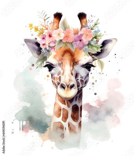 Watercolor giraffe with flowers. Hand painted illustration isolated on white background