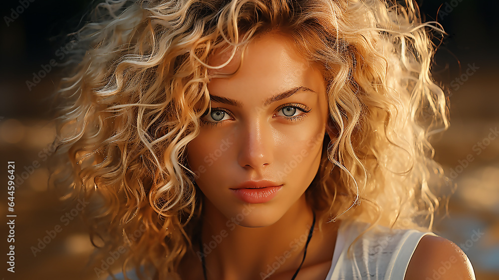 Beauty blonde girl with long and shiny wavy hair . Beautiful woman model with curly hairstyle . Fashion, cosmetics and makeup - obrazy, fototapety, plakaty 