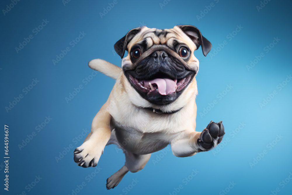 Pug dog jumping on a blue background