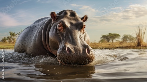 A breathtaking shot of a Hippopotamus his natural habitat, showcasing his majestic beauty and strength.