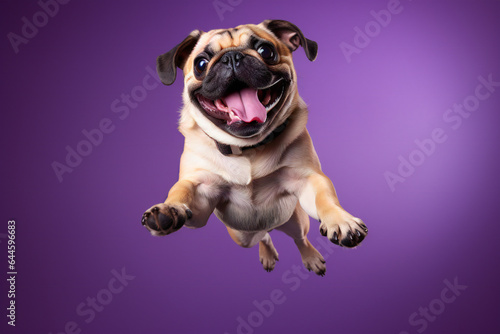 Pug dog jumping on a purple background