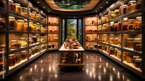 Floor to ceiling glass pantry showcasing organized provisions photo