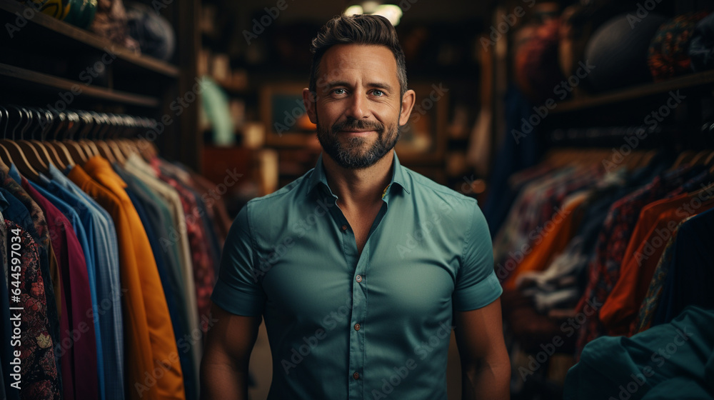 portrait of a happy young handsome man in a store