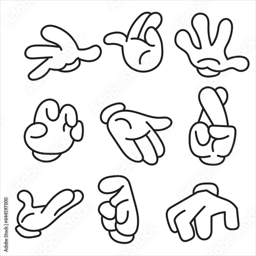 Hands poses. Cartoon hand holding and pointing gestures, fingers crossed, fist, peace and thumb up. Cartoon human palms and wrist vector set. Communication or talking with emoji for messengers