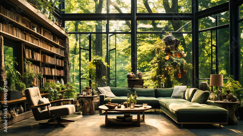 Indoor gardens with floor-to-ceiling windows and greenery