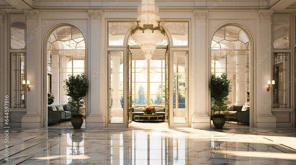 Lobbies with floor-to-ceiling white marble, reflecting abundant light,