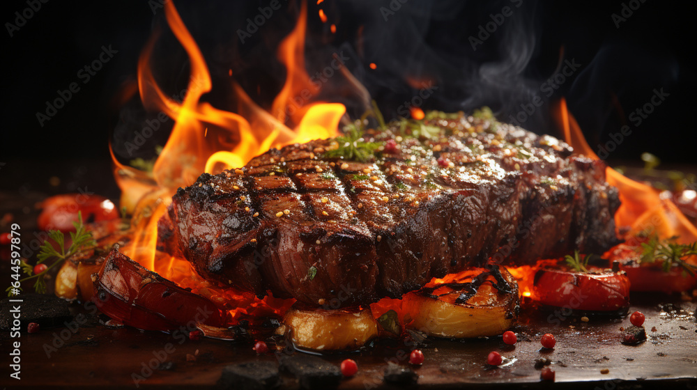 tasty steak with spices and fire on a barbecue tasty steak with spices and fire on a barbecue