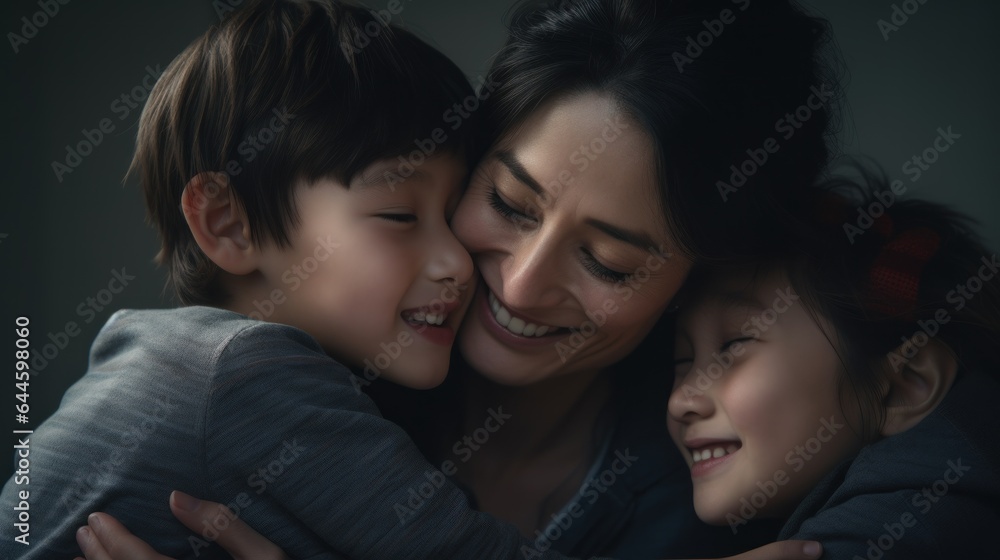 Japanese mother holding her sons, both kids smiling warmly in her loving hug. Japanese mother holding her sons, both kids smiling warmly in her loving hug.