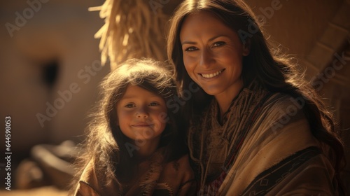 Native American mother with daughter smilling. Blurred earth - toned wall background