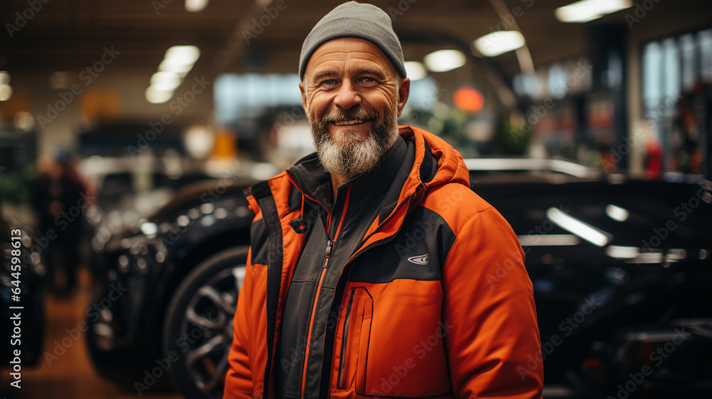 smiling mature man with crossed arms standing in garage smiling mature man with crossed arms standing in garage