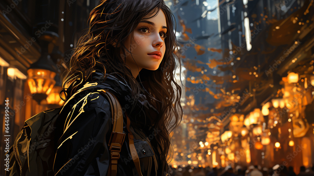 Obraz premium young girl in the city with a backpack on the background of autumn trees and autumn leaves