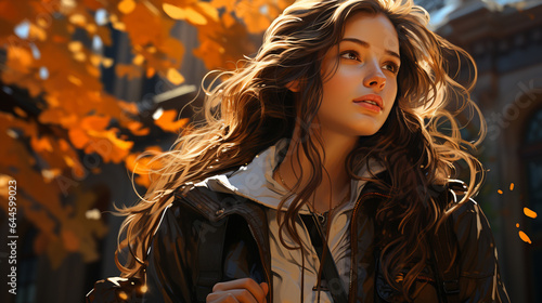 young girl in the city with a backpack on the background of autumn trees and autumn leaves