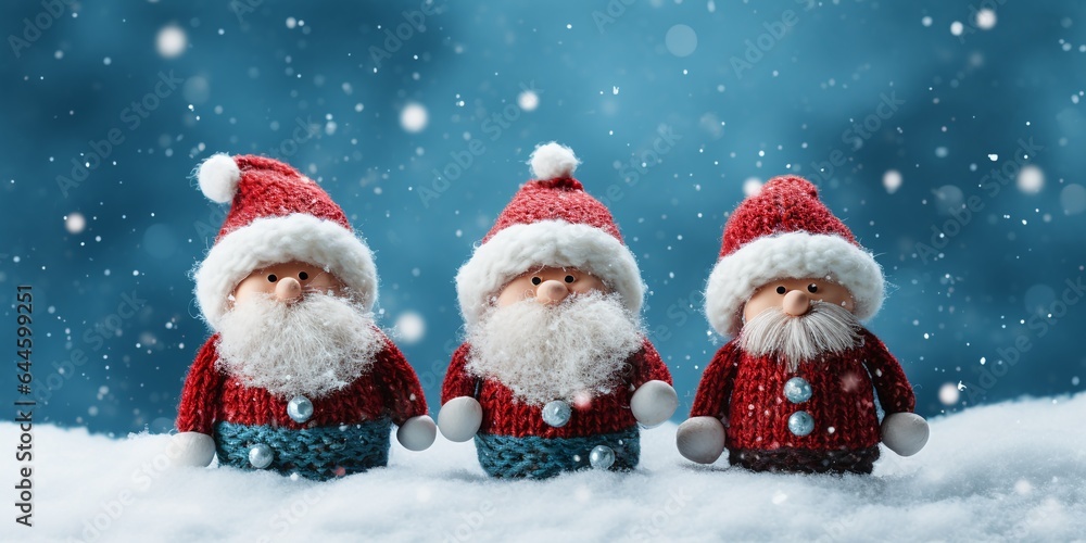 3 cute Santa get together in snow fall on blue blurred snowy forest background, concept of Merry Christmas, with copy space, Christmas banner.