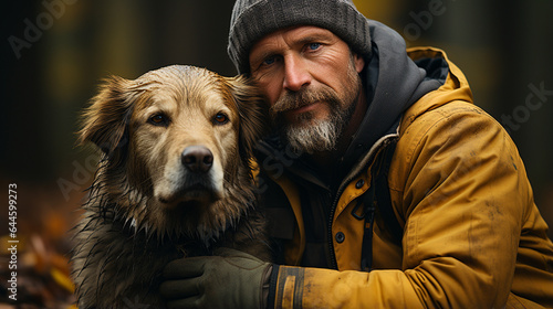 portrait of an old man with dog in the forest. man and dog with a pet on the background. © S...