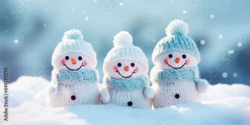 Adorable and happy knitted snowman family on Christmas snowy background, get together and celebrating holiday seasons, with copy space, idea for greeting cards and posters. © JW Studio