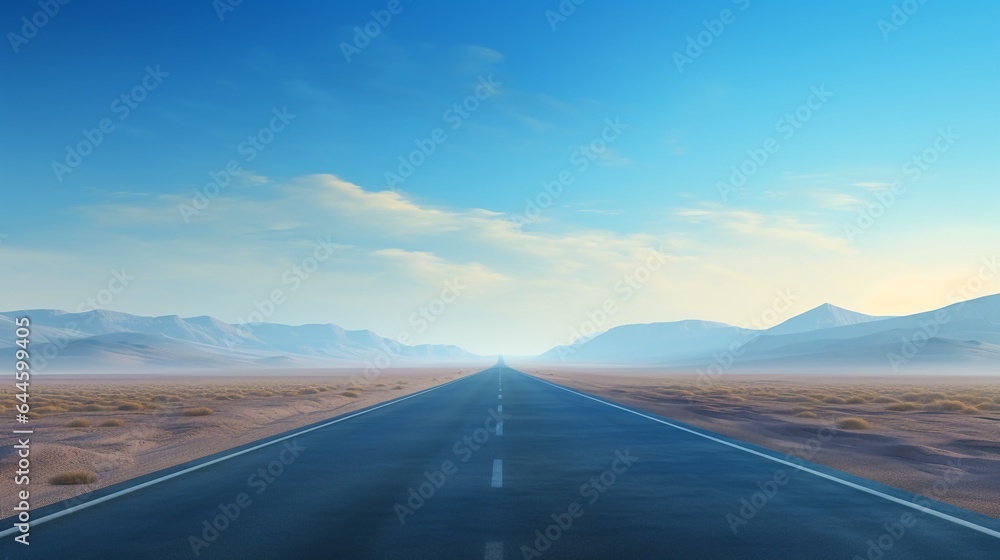 Straight road to further destination, morning desert landscape, concept of travel, with copy space.