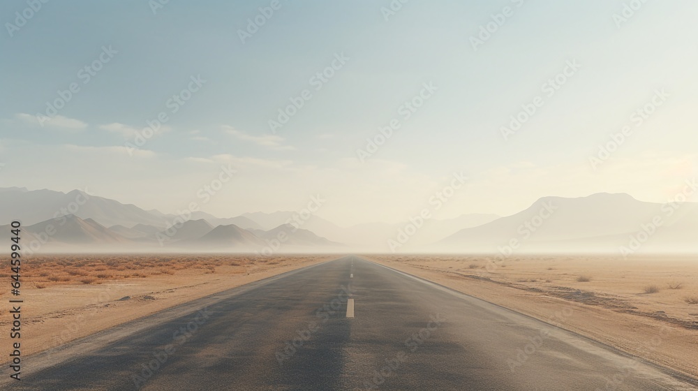 Straight road to further destination, morning desert landscape, concept of travel, with copy space.