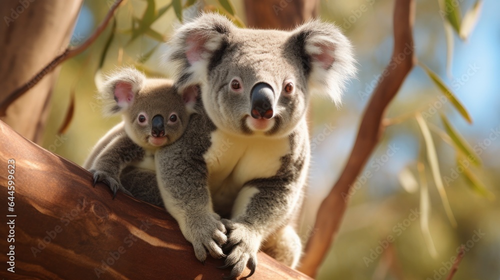 Mother koala with child on her back, on eucalyptus tree