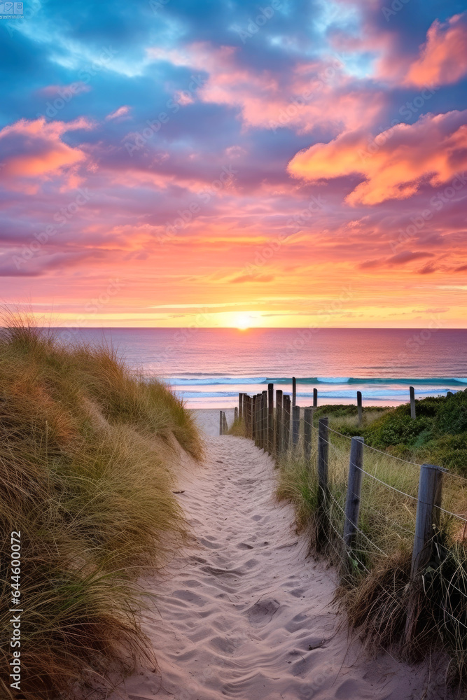 Path at Atlantic Ocean over sand dunes with ocean view at sunset. Generative A