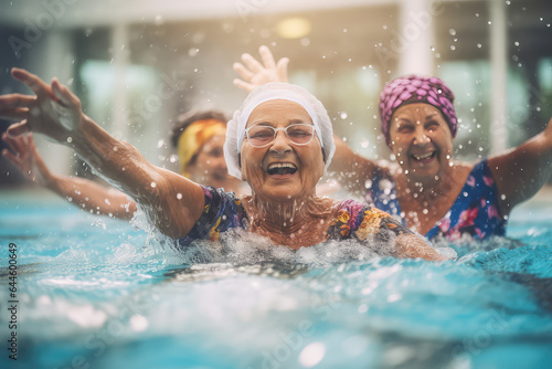 Group of elderly women having fun  water aerobics session in a swimming pool  elderly happy people. 