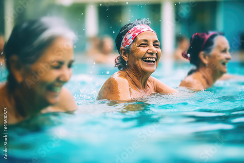 Group of elderly women having fun, water aerobics session in a swimming pool, elderly happy people.  © SnowElf