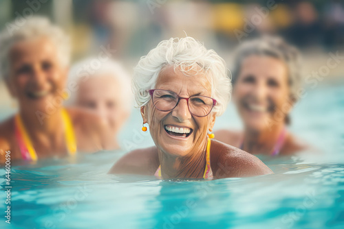 Group of elderly women having fun, water aerobics session in a swimming pool, elderly happy people.  © SnowElf