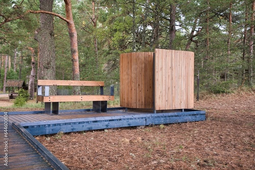 Beach dressing room. A modern bathing place to change clothes at Lake Peipus in Estonia. A modern public swimming pool photo