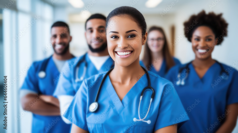 Team of young doctors coordinating patient care in a hospital. Medical center wallpaper, happy doctor in uniform. Team of young doctors coordinating patient care in a hospital. Medical center wallpaper, happy doctor in uniform.