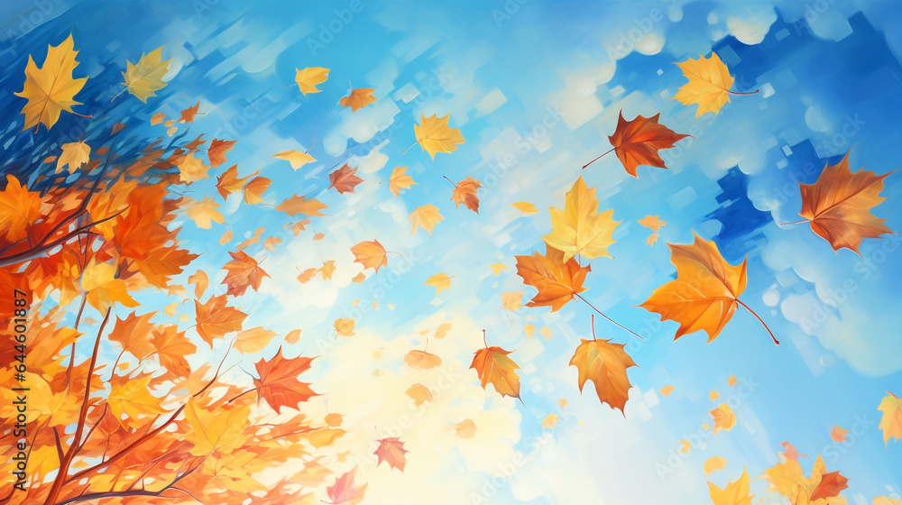 Autumn fall different kinds of leaves floating in the sky Autumn fall different kinds of leaves floating in the sky