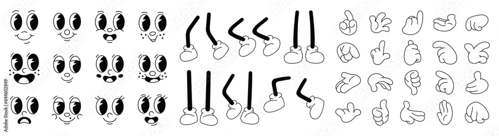 Set of 70s groovy comic faces vector. Collection of cartoon character