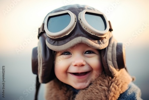 Fototapet Toddler boy dressed in military vintage aviator hat and goggles
