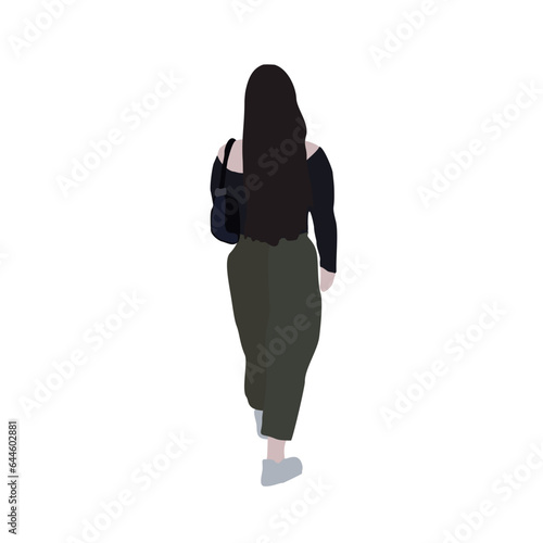 A woman walks down the street in summer clothes. 2D image to use as entourage. Flat city vector infographic.