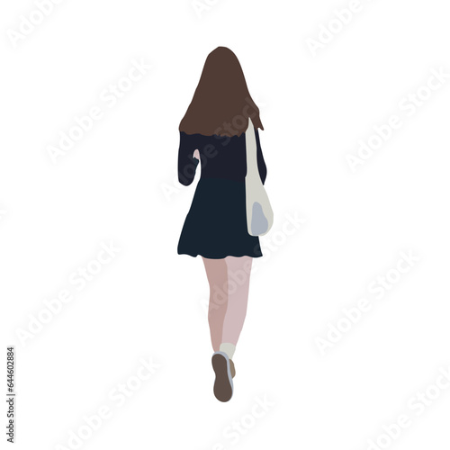 A woman walks down the street in summer clothes. 2D image to use as entourage. Flat city vector infographic.