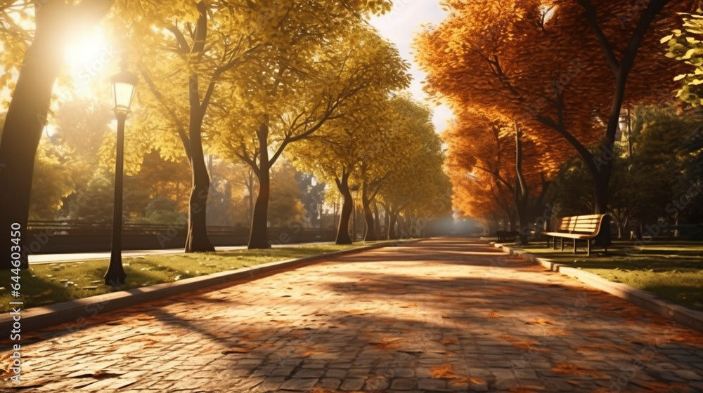 photorealistic, copy space, late afternoon light, Alley in the autumn park, tranquil scene, beautiful urban landscape in a park. Autumn colors and autumns leaves.