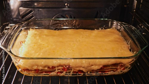 tasty cooking lasagna in the oven close-up time lapse
