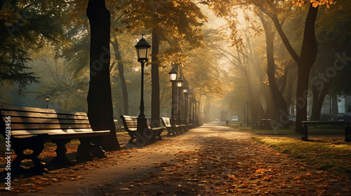 photorealistic  copy space  late afternoon light  Alley in the autumn park  tranquil scene  beautiful urban landscape in a park. Autumn colors and autumns leaves.