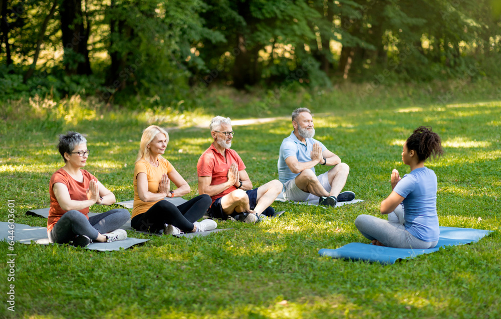 Group Of Active Senior People Practicing Yoga With Instructor Outdoors Group Of Active Senior People Practicing Yoga With Instructor Outdoors
