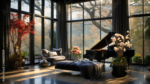 Black velvet drapes framing large floor-to-ceiling windows